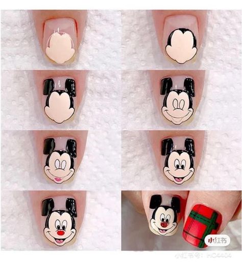 Mickey Mouse Nail Art Step By Step, Mikey Mouse Nails Art, Mouse Nail Art, Mickey Mouse Nail Art, Hello Kitty Nails Art, Mickey Mouse Nails, Mickey Nails, New Nail Art Design, Eye Nail Art