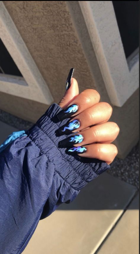 Flames Nails, Black And Blue Nails, Rave Nails, Flame Nails, Flame Nail Art, Black Acrylic Nails, Blue Acrylic Nails, Anime Nails, Edgy Nails