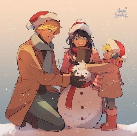 Dani Smilek Miraculous, Adrien Agreste Fanart, Miraculous Ladybug Christmas, Marinette X Adrien, Agreste Family, Mlb Fan Art, Catnoir And Ladybug, Family Fanart, Marinette Et Adrien