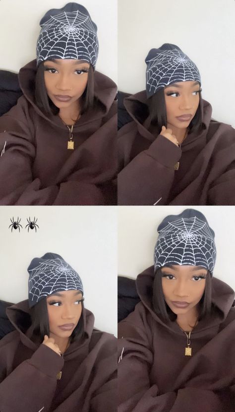 Black And White Beanie Outfit, Y2k Beanie Outfit, Beenie Outfit, White Beanie Outfit, Aesthetic Beanies, Black Beanie Outfit, Spider Web Beanie, Beanie Aesthetic, Web Beanie