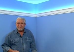 Easy, Inexpensive Cove Lighting Uses Foam Crown Molding and LED Light Tape Ceiling Trim With Led Lights, Crown Molding Led Lighting, Diy Cove Lighting, Hidden Led Lights Bedroom, Led Strip Living Room, Led Lights Basement, Led Lights Hallway, Living Room Led Lighting, Cove Lighting Ceiling