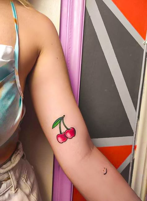 Coloured Cherry Tattoo, Vintage Cherry Tattoo, Cherry Tattoo Small Simple, Small Neotraditional Tattoo, Tiny Cherry Tattoo, Cherry Tattoo Design, Colourful Tattoo, Sagittarius Tattoo Designs, Cherry Tattoo