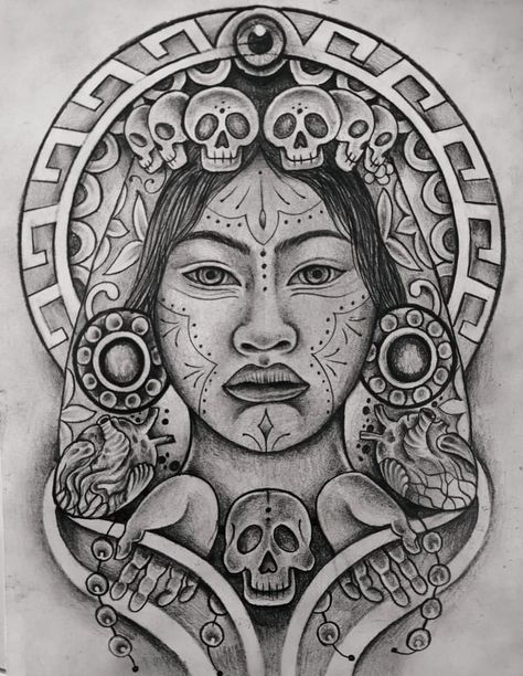 Coatlicue sombrasmx Aztec Warrior Tattoo, Grandma Tattoos, Jaguar Tattoo, Mayan Tattoos, Mexican Artwork, Aztec Tattoo Designs, Latino Art, Prison Art, Chicano Tattoos