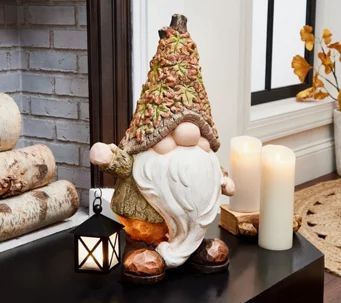 Barbara King 20" Fall Foliage Woodland Gnome with Lantern - H229481 Acorn Candle, Bethlehem Lights, Basket Wreath, Autumn Wine, Metal Wall Plaques, Whimsical Woodland, Glass Votives, Metal Pumpkins, Screen Painting