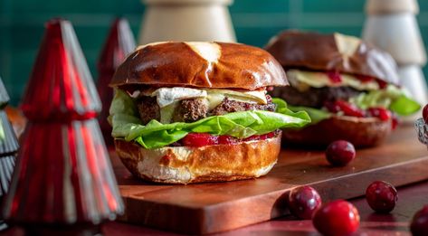 Cranberry Brie Burger – Schweid & Sons – The Very Best Burger Brie Burger, Pretzel Buns, Cranberry Brie, Pretzel Bun, Butter Lettuce, Cranberry Relish, Burger Patties, Top Bun, Brie Cheese