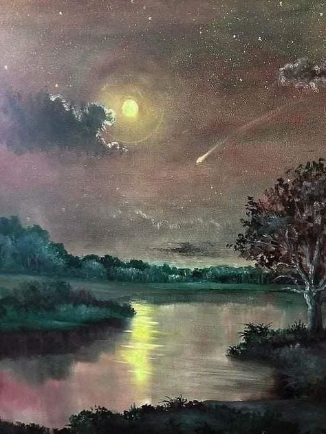 Randy Burns, Night Scene Painting, Top Paintings, Tree Watercolor Painting, Falling Star, Star Painting, Diy Watercolor Painting, Night Landscape, Pretty Landscapes