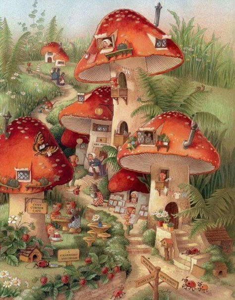 Mushroom town Mushroom Houses, 동화 삽화, Illustration Kunst, Mushroom Drawing, Wee Folk, Art Mignon, Mushroom House, Children's Book Illustrations, Flower Fairies