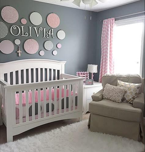 Grey And Pink Nursery, Nursery Grey, Purple Girls Bedroom, Pink Baby Room, Pink And Gray Nursery, Baby Nursery Inspiration, Girl Nursery Themes