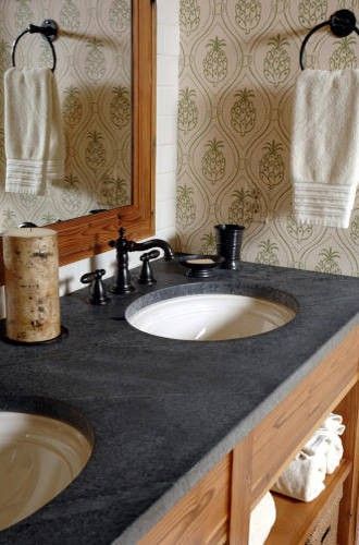 The Granite Gurus: 10 Bathrooms with Soapstone Bowl? Traditional Powder Room, Soapstone Kitchen, Soapstone Counters, Soapstone Countertops, Garden Route, Bathroom Countertops, Bathroom Vanity Tops, Modern Bathroom Vanity, Bathroom Renos