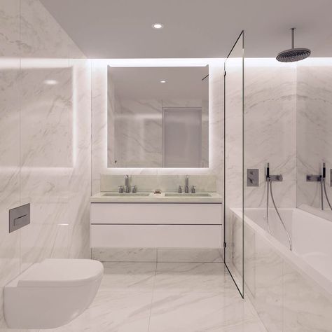 Small Bathroom Ideas Modern Luxury, Penthouse Bathroom, Luxury Bathroom Master, Simple Small Bathroom Ideas, Colorful Bathroom Tile, Porcelain Tile Bathroom, Minimal Kitchen Design, Modern White Bathroom, Small Bathroom Makeover