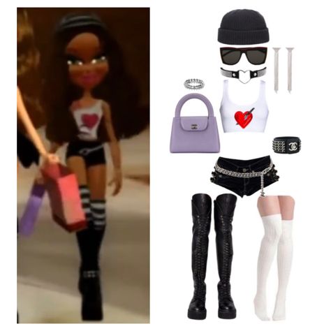 Bratz Rock Angelz Inspired Outfits, Bratz Outfits Cartoon, Bratz Rock Angelz Outfits, Sasha Bratz Outfits, Bratz Outfit Ideas, Spooky Fits, Bratz Aesthetic Outfit, Bratz Party, Bratz Rock Angelz