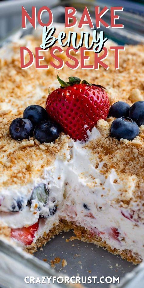 This no bake Berry Dessert is a no bake cheesecake lush recipe layered with berries! This is an easy dessert lasagna for summer! Easy July 4th Desserts, Cheesecake Lush, Berry Cheesecake Recipes, Dessert Lasagna, Berry Desserts, Lush Recipes, Easy Summer Dessert Recipes, Fruit Cheesecake, No Bake Summer Desserts