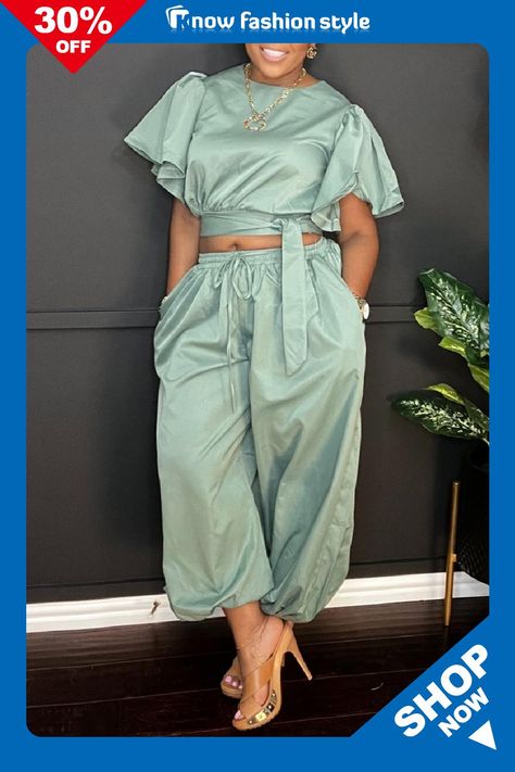 knowfashionstyle Casual O Neck Ruffle Sleeve Lace Up Crop Tops And Pants Two Pieces Tourser Sets Summer Suit Women, Suit Type, Mid Waist Pants, Short Blouses, Two Piece Jumpsuit, Two Piece Pants Set, Belted Shorts, Top Pants Set, Two Piece Dress