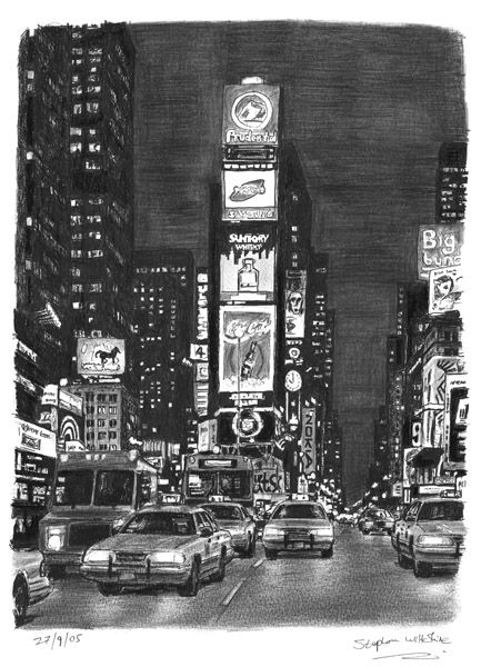 Times Square at night - originals and prints by Stephen Wiltshire MBE City Night Drawing, London Art Drawing, Oil Pastels For Beginners, London City Night, Pastels For Beginners, Nyc Drawing, Stephen Wiltshire, New York Drawing, London Drawing