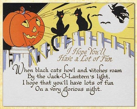 Vintage Halloween Jack O'Lantern card (on collector blog) with cats on fencepost and a witch Old Fashioned Halloween, Witch Jack O Lantern, Halloween Poems, Vintage Halloween Cards, Halloween Wishes, Halloween Collectables, Halloween Greetings, Halloween Illustration, Halloween Card