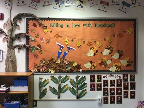 November: Fall bulletin board - “Falling in love with preschool.” Fall In Love With Learning Bulletin, Behavior Bulletin Boards, Teaching Prek, Fall In Love With Learning, Elementary Bulletin Boards, Fall Bulletin Board, Fall Bulletin Boards, Good Behavior, School Bulletin Boards