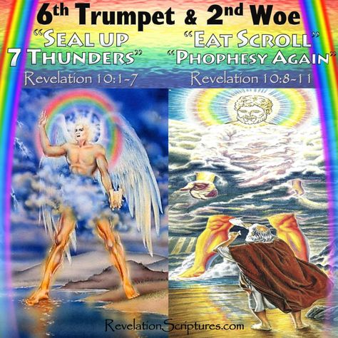 Revelation 10 - Seal Up 7 Thunders - Eat Scroll - Prophesy Again - Sixth Trumpet - 2nd Woe First Trumpet Revelation, 7 Headed Dragon Revelation, Seven Trumpets Of Revelations Art, 7 Trumpets, Revelation 10, 7 Churches Of Revelation Map, Revelations 3:15-16, Bible End Times, Revelation Bible Study