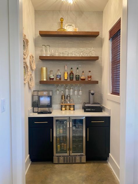 Black And Brass Wet Bar, Bar Section In Kitchen, Home Bar Fridge, Basement Popcorn Bar, Dry Bar Ideas Small Nook, Built In Wine Bar Nook, Game Room Wet Bar, Basement Dry Bar Ideas Small Spaces, Small Bar Area In Basement