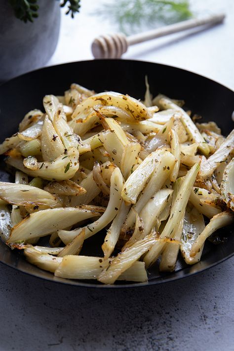 Pan-fried fennel with honey, sage & thyme Everyone In My Family, Fried Sage, Side Salad, Pad Thai, Fennel, Thyme, I Love It, My Family, Pasta Salad