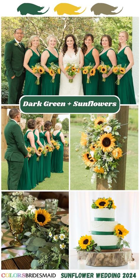 Dark Green Sunflower Wedding Colors 2024：dark green bridesmaid dresses, and accessorize with yellow sunflower bouquets, white wedding cake topped with sunflowers and dark green ribbons. Incorporate sunflowers into your floral arrangements, including centerpieces and wedding arch. #bridesmaiddresses #weddingcolors #weddingideas #sunflowerweddings #greenwedding #darkgreenwedding #colsbm #2024 Hunter Green Sunflower Wedding, Dark Green And Sunflower Wedding, Green Sunflower Wedding, Sunflower Wedding Colors, Wedding Colors 2024, Bridesmaid Dress Color Schemes, Orchid Bridesmaid Dresses, Royal Blue Wedding Theme, Green Sunflower