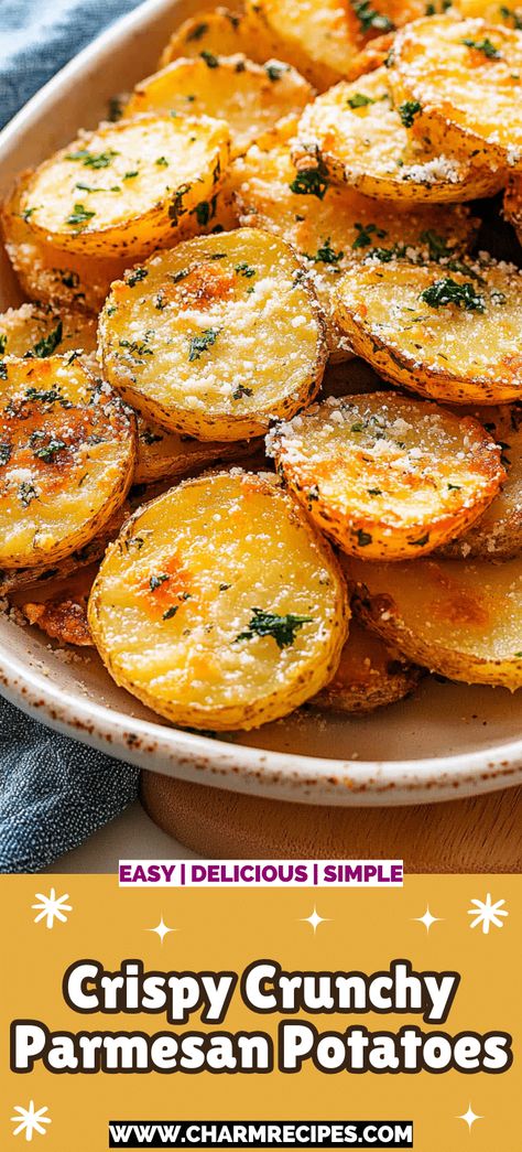 Crispy Crunchy Parmesan Potatoes Crispy Crunchy Parmesan Potatoes Recipe, Crisp Baked Potatoes, Healthy Crispy Potatoes, Extra Crispy Parmesan Crusted Roasted Potatoes, Skillet Potatoes Recipes, Vegan Crispy Potatoes, Crispy Potato Rounds, Sheet Pan Parmesan Potatoes, Crispy Potato Skins Recipe