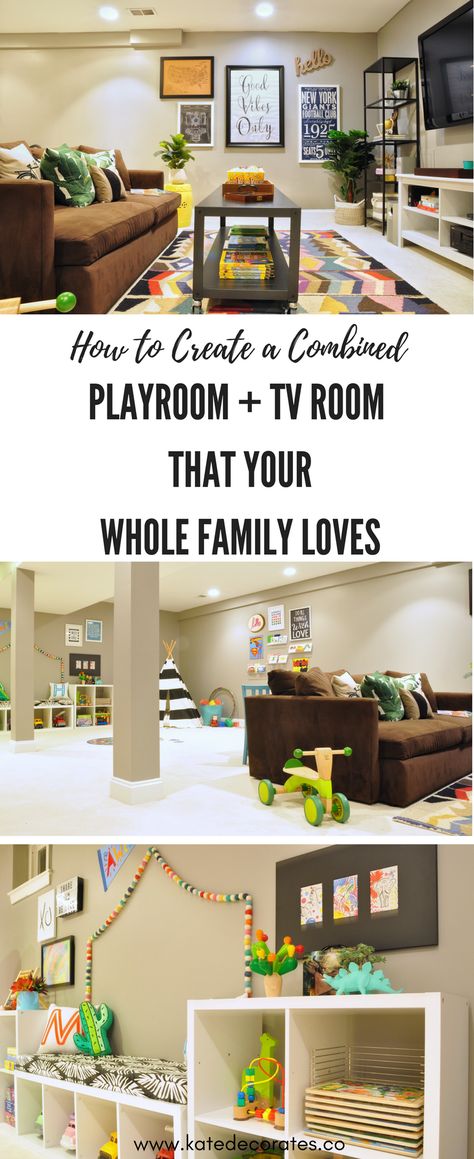 SO many good ideas here for creating a shared playroom and TV room! This is awesome -- a great blueprint to create a space that the whole family will love. Playroom Tv Room, Playroom Tv, Playroom Lounge, Family Room Playroom, Basement Decoration, Living Room Playroom, Basement Playroom, Basement Living Rooms, Basement Family Room