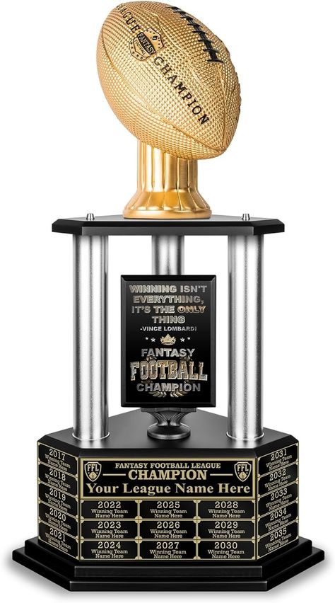 Exclusively designed and manufactured by TrophySmack, our Perpetual Fantasy Football Trophy will take your fantasy victory to the next level. If you and your league aren’t afraid of some bling, this is the trophy for you. This product was made to be the centerpiece of only the finest trophy case and serves as a reminder of how your team dominated throughout the season. High-quality columns made of anodized metal, custom quotes you can choose from to personalize your trophy and a topper and plaque that can be changed whenever you need. Fantasy Football Trophy Diy, Anodized Metal, Fantasy Football Champion, Football Trophy, Fantasy Football Trophy, Gold Football, Trophy Case, Fantasy Football League, Vince Lombardi