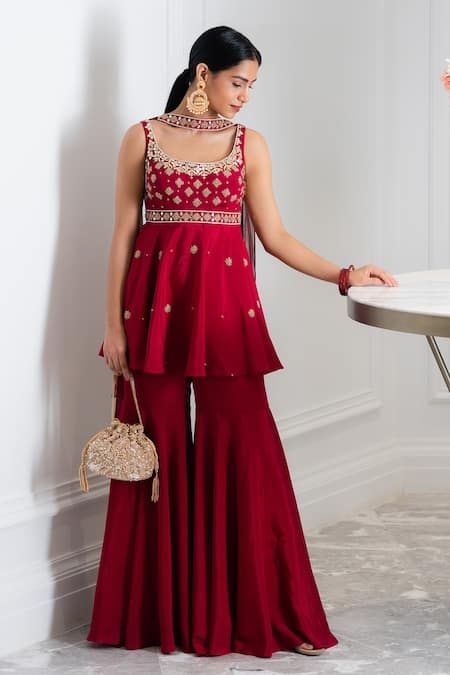 Buy Maroon Chinnon Chiffon And Georgettelining Kurta & Sharara Set For Women by Rashika Sharma Online at Aza Fashions. Saree To Sharara Convert, Sharara Designs Latest, Maroon Sharara, Sharara Designs For Wedding, Red Sharara Suit, Plazo Outfits, Sarara Dress, Red Sharara, Sharara Dress