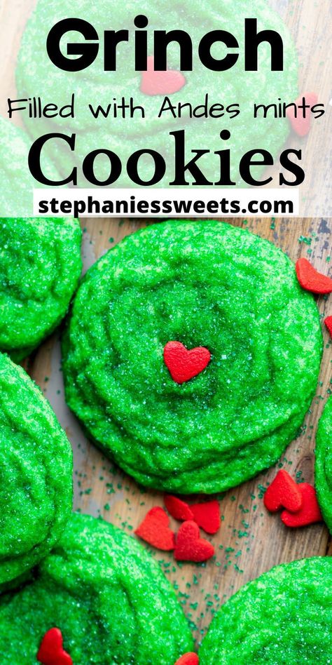 These Grinch green sugar cookies are loaded with Andes mints. They are topped with a giant heart and rolled in green sugar sprinkles. Cookies With Andes Mints, Christmas Grinch Cookies, Easy Homemade Sugar Cookies, Green Sugar Cookies, Grinch Cookies Recipe, Sugar Cookies For Christmas, Andes Mint Cookies, Andes Mints, Grinch Cookies