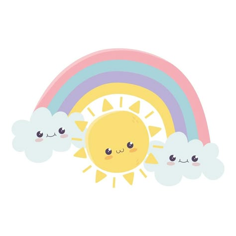 lindo sol arco iris nubes hola kawaii personaje de dibujos animados Kawaii Cloud, Rainbow Drawing, Cloud Theme, Cute Bakery, Kawaii Rainbow, Rainbow Cartoon, Cartoon Sun, Cloud Illustration, Rainbow Clouds