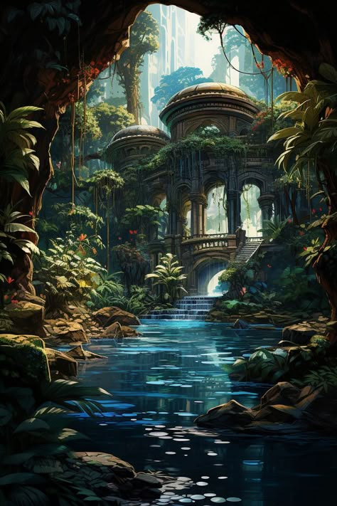 Water Land Fantasy Art, Water Temple Fantasy Art, Magical Island Art, Waterfall Cave Fantasy Art, Mysterious Island Aesthetic, Fantasy Water Aesthetic, Fantasy Waterfall Art, Water Village Fantasy Art, Water World Fantasy Art