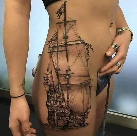 Pirate Lady Tattoo, Pirate Girl Tattoos, Pirate Ship Tattoos, Nautical Tattoo Sleeve, Pirate Ship Tattoo, Cute Thigh Tattoos, Pirate Tattoo, Beautiful Tattoos For Women, Nautical Tattoo