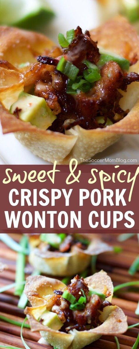 These crispy pork belly wonton cups are an Asian-inspired twist on barbecue! They are a tantalizing combination of sweet, spicy, and umami. You won't be able to eat just one! Try making these delicious appetizers for your family and friends for your next party! #wonton #appetizer #pork #recipes #asian Wonton Appetizer Recipes, Wonton Cups Appetizers, Wonton Appetizers, Pork Belly Recipes Crispy, Wonton Wrapper Recipes, Asian Appetizers, Wonton Cups, Won Ton, Wonton Recipes