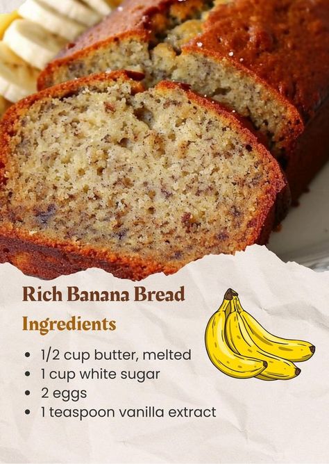 Mama's Old Recipes | Rich Banana Bread 🍌 | Facebook Banana Bread Recipe Easy Moist, Rich Banana Bread, Banana Bread Ingredients, Banana Bread Recipe Moist, Moist Banana Bread, Homemade Breads, Banana Nut Bread, Best Banana Bread, Nut Bread