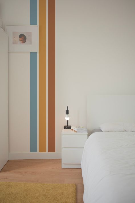 Cool Wall Designs Paint Bedrooms, Vertical Painted Wall Stripes, 3 Color Accent Wall, Boys Room Striped Wall, Color Block Wall With Shelves, Simple Hand Painted Wall Design, Room Corner Painting Ideas, Hand Painted Wall Pattern Bathroom, Racing Stripes On Wall