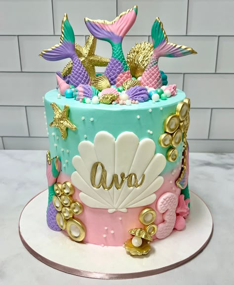 Mermaid Cake With Scales, Mermaid Barbie Birthday Party Cake, Lil Mermaid Cake, Mermaid Cake 4th Birthday, Mermicorn Cake Ideas, Elegant Mermaid Cake, Mermaid Cake And Cupcakes, Dive Into Five Birthday Cake, Pirate And Mermaid Cake