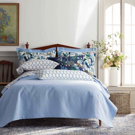 a bed with a blue and white comforter Top Of Bed, Decorative Lumbar Pillows, Coverlet Bedding, Painted Designs, Fitted Bed Sheets, The Company Store, Premium Bedding, Lightweight Quilt, Flat Bed