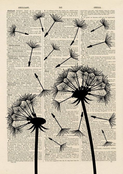 Paint On Old Book Pages, Old Book Pages Crafts, Drawing In Books Pages, Crafts With Old Books, Painting On Book Pages, Newspaper Painting, Old Book Art, Old Book Crafts, Dandelion Art