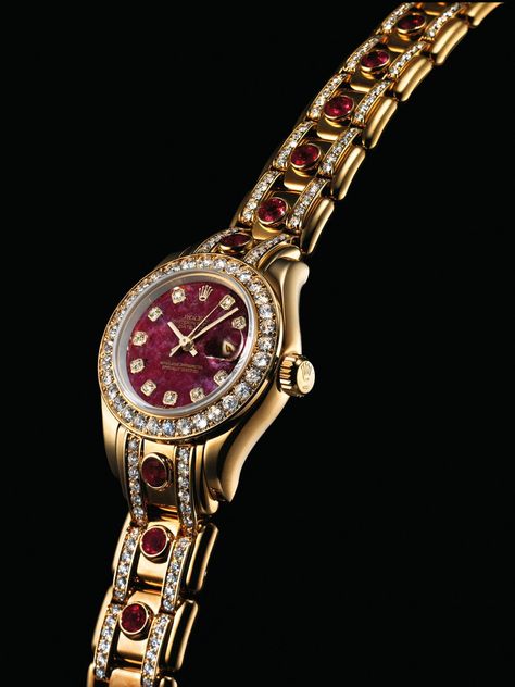 ROLEX. A LADY'S FINE AND RARE 18K GOLD, DIAMOND AND RUBY-SET AUTOMATIC WRISTWATCH WITH SWEEP CENTRE SECONDS, DATE, BRACELET AND RED STONE DIAL | SIGNED ROLEX, OYSTER PERPETUAL, PEARLMASTER DATEJUST MODEL, REF. 69298, CASE NO. S494919, CIRCA 1993 | 1990s, centre seconds | Christie's Date Bracelet, Rolex Watches Women, House Design Ideas, Interior Luxury, Expensive Jewelry Luxury, Luxe Jewelry, Womens Watches Luxury, Dope Jewelry, Rolex Oyster Perpetual