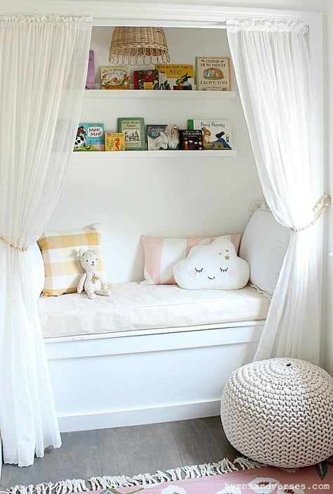 Closet Reading Nook, Girls Reading Nook, Closet Nook, Reading Nook Closet, Birthday Bedroom, Kids Bedroom Storage, Reading Nook Kids, Bed Nook, Bedroom Nook