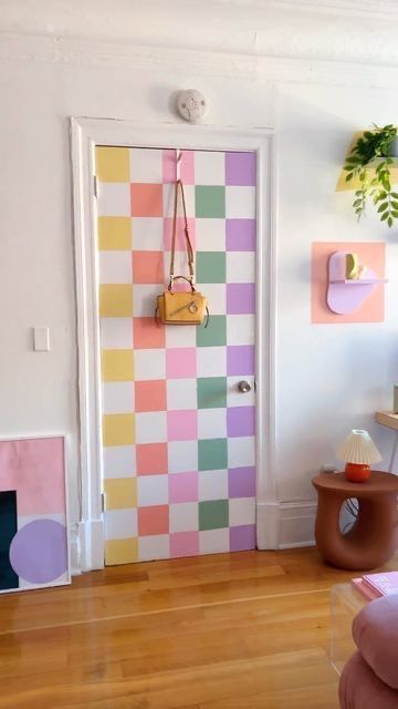 Pop Art Bedroom Interior Design, Lines On Wall Design, Cute Painted Walls, Maximalist Door, Maximalist Wall Paint, Checkered Wall Paint, Checkered Accent Wall, Checked Wall, Cool Door Painting