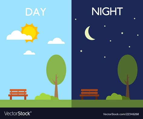 Night And Day Drawing, Day And Night Background, Day To Night Illustration, Day And Night Kindergarten, Day And Night Scenery Drawing, Day And Night Illustration, Opposites For Kids, Opposites Preschool, Day Sky