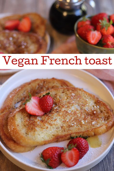 When a decadent breakfast is what you crave, look no further than vegan French toast. It sings with the flavors of vanilla and cinnamon. Then it’s finished with a dusting of powdered sugar, halved strawberries & drizzle of maple syrup.  #veganbrunch #veganbreakfast #veganFrenchtoast French Toast Without Milk, Ground Chia, Sweet French Toast, Just Egg, Egg Free Breakfast, Vegan French Toast, Vegan French, Quick Vegan Meals, Vegan Brunch