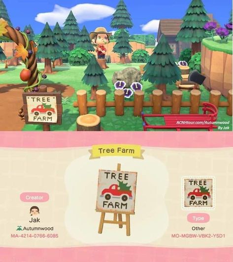 Christmas Ideas Acnh, Acnh Tree Farm Sign, Animal Crossing Christmas Tree Farm, Tree Farm Animal Crossing, Acnh Winter Custom Designs, Tree Farm Acnh, Animal Crossing Tree Farm, Animal Crossing Signs Design, Christmas Island Acnh