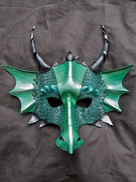 Hand-tooled leather dragon mask Diy Dragon Costume, Dragon Mask, Dragon Crafts, Dragon Costume, Leather Mask, Cool Masks, Gold Dragon, Dragon Wings, Green Dragon