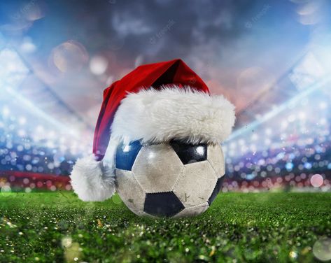 Premium Photo | Soccer ball in a stadium with the christmas hat Soccer Drills, Christmas Hat, Christmas Background, Drills, Soccer Ball, Premium Photo, All Things Christmas, The Christmas, Fifa