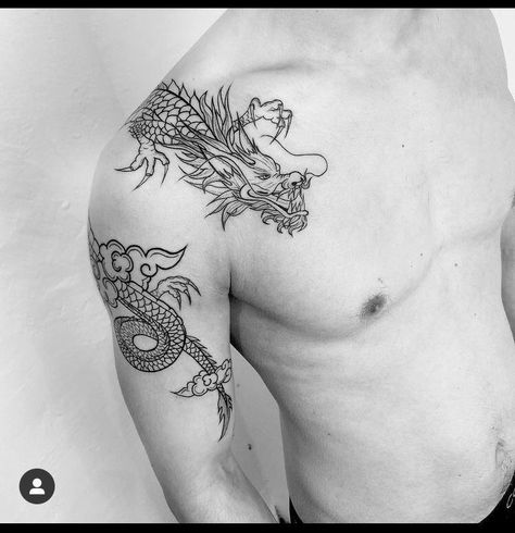 Mens Chinese Dragon Tattoo, Dragon Tattoo Around Arm Men, Dragons Tattoo Men, Elbow Dragon Tattoo, Dragon Shoulder Chest Tattoo, Asian Wolf Tattoo, Man Dragon Tattoo, Dragon Tattoo Ideas Men, Dragon Spine Tattoo Men