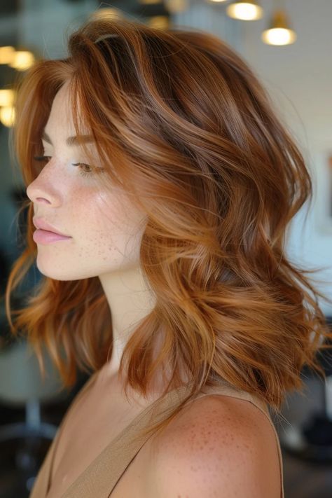 Person with wavy auburn hair and freckles, looking to the side in a softly lit room. Dark Roots With Ginger Hair, Level 7 Auburn Hair Color, Dark Blonde To Red Balayage, Rusty Blonde Hair, Ginger Medium Hair, Ginger With Dark Eyebrows, Light Auburn Hair Color Balayage, Strawberry Blonde With Dimension, Strawberry Blonde Balayage Medium Length