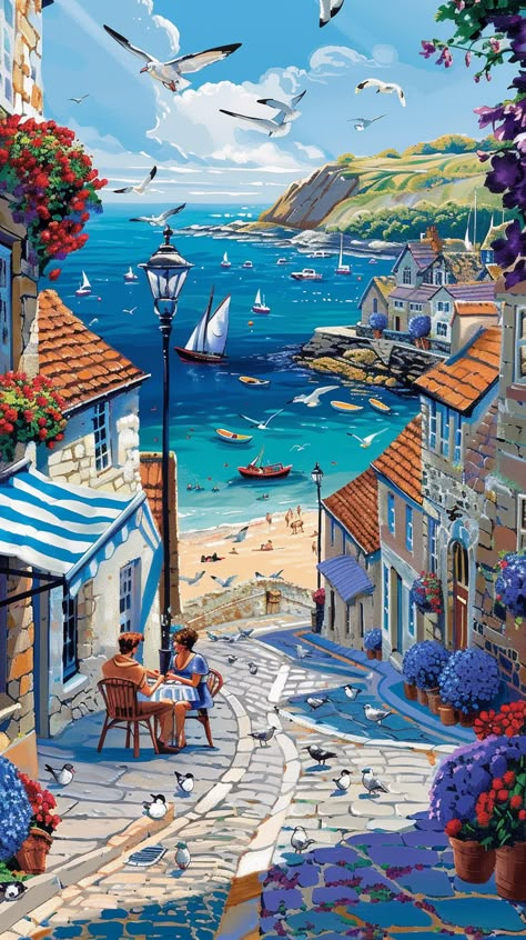 #SeasideTown #JapaneseIllustration #CobblestoneStreets #Cottages #ColorfulUmbrellas #OutdoorCafe #Beach #BlueDelphiniums #RedGeraniums #Seagulls #PicturesqueHarbor #9:16AspectRatio #TheCandie Colourful Buildings Painting, Summer Aesthetic Drawing, Disney City, Blue Balcony, Fan Blade Art, Town Scenery, Atmospheric Art, Town Illustration, Town Drawing