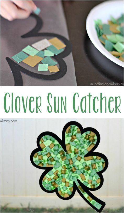 Four Leaf Clover Sun Catcher - Easy St. Patrick's Day craft for kids! Mess Free Craft, Clover Craft, Sant Patrick, Saint Patricks Day Art, Fete Saint Patrick, March Crafts, St Patricks Crafts, Leprechaun Trap, St Patricks Day Crafts For Kids